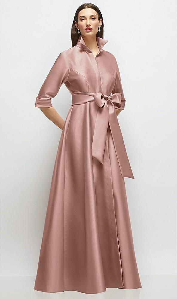 3/4 sleeve satin shirt dress gown with sash and jeweled buttons
