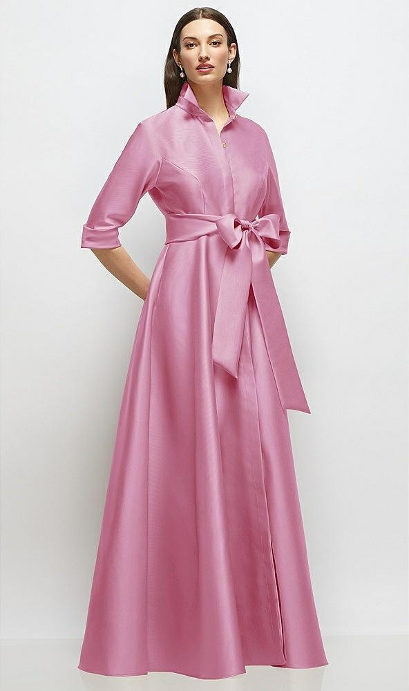 3/4 sleeve satin shirt dress gown with sash and jeweled buttons
