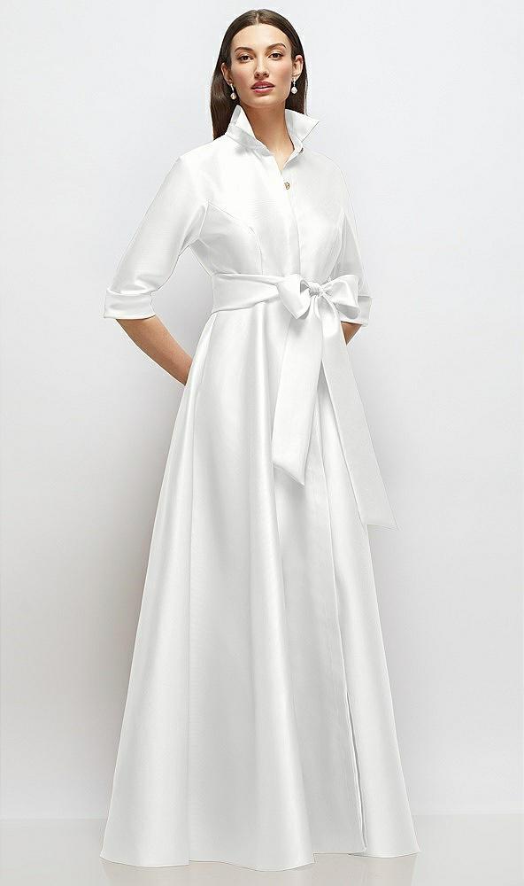 3/4 sleeve satin shirt dress gown with sash and jeweled buttons
