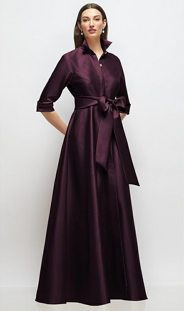 3/4 sleeve satin shirt dress gown with sash and jeweled buttons