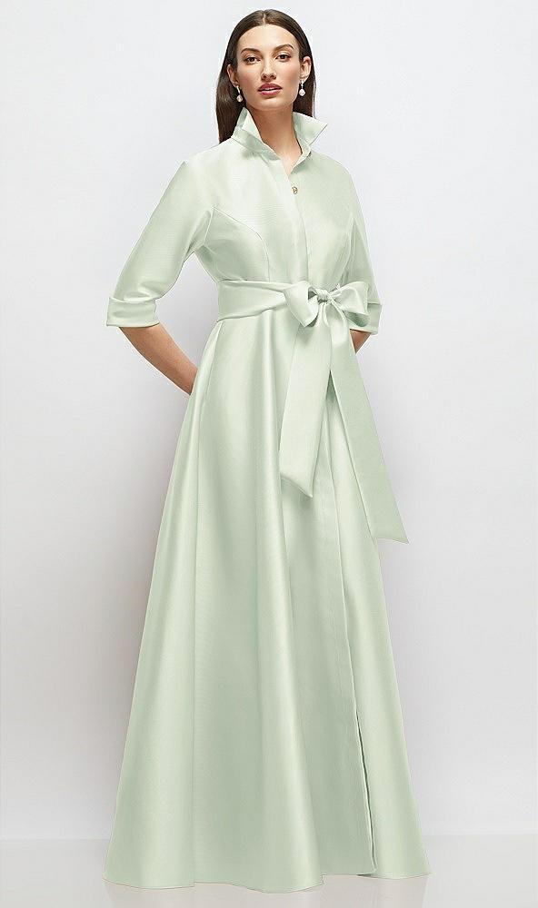 3/4 sleeve satin shirt dress gown with sash and jeweled buttons