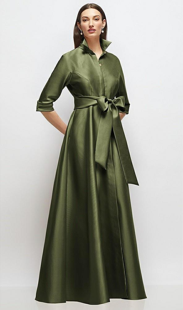 3/4 sleeve satin shirt dress gown with sash and jeweled buttons