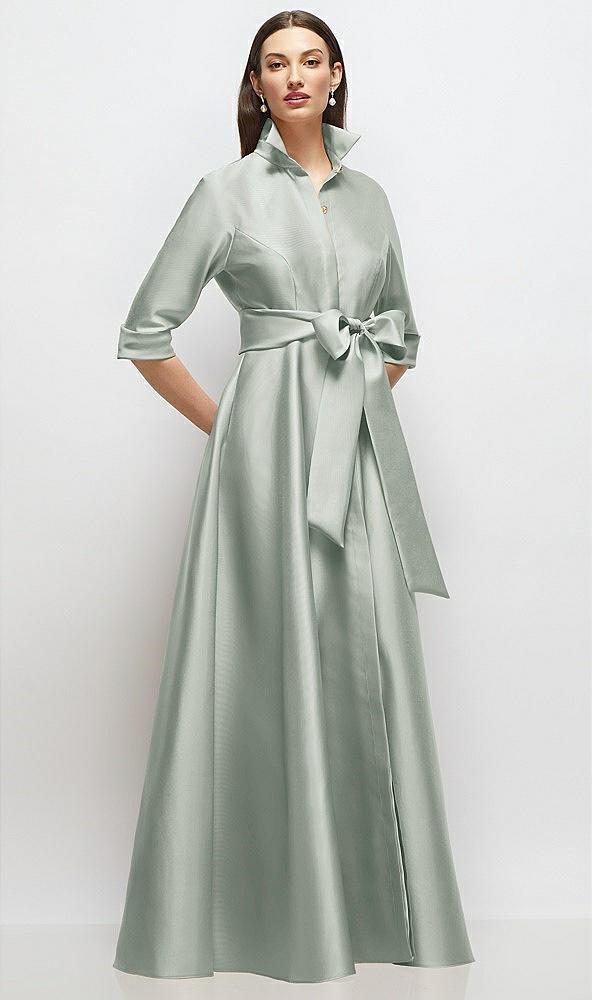 3/4 sleeve satin shirt dress gown with sash and jeweled buttons