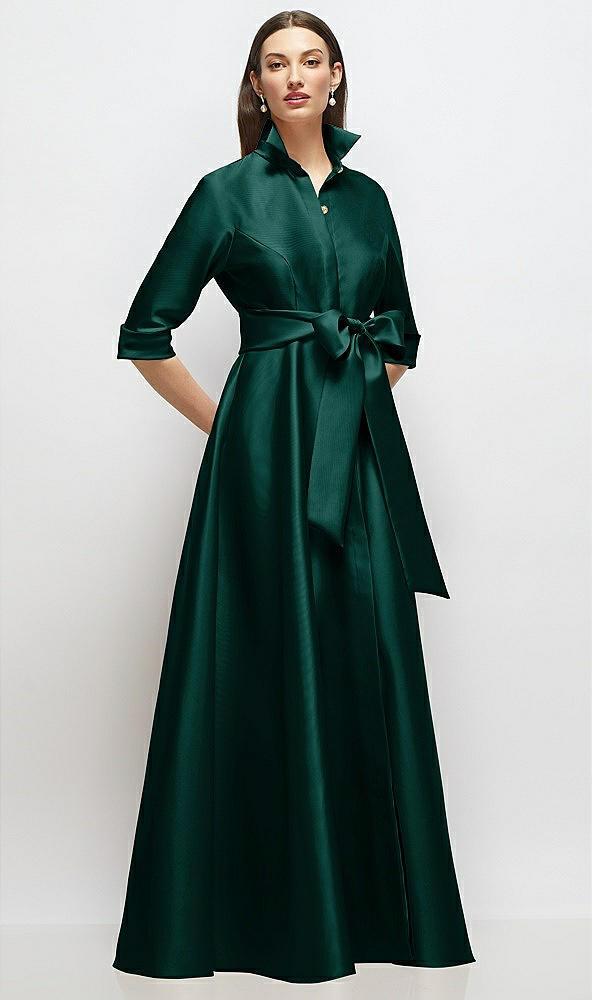 3/4 sleeve satin shirt dress gown with sash and jeweled buttons