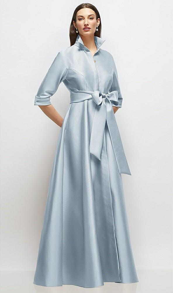 3/4 sleeve satin shirt dress gown with sash and jeweled buttons
