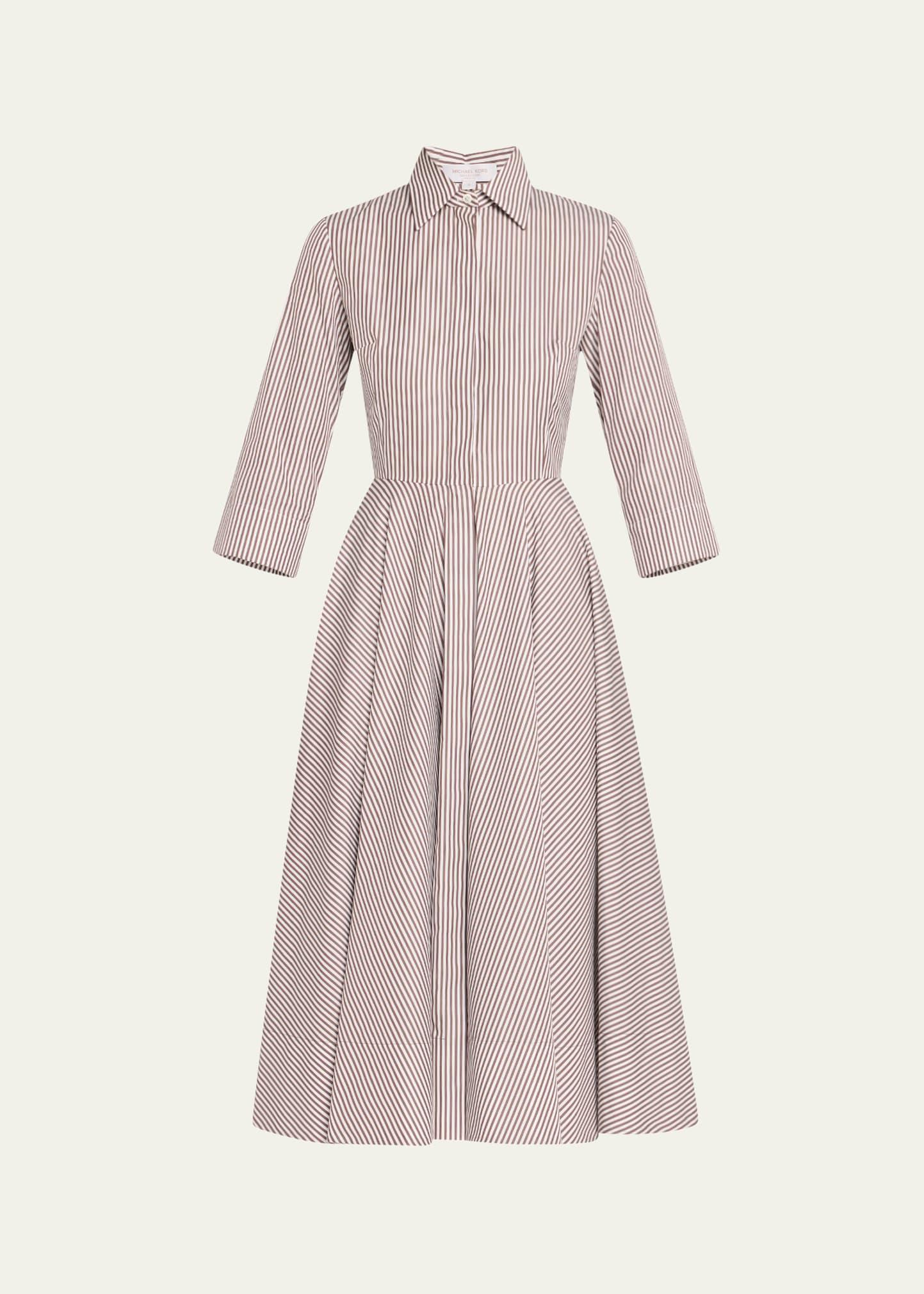 3/4-sleeve striped midi shirtdress with belt