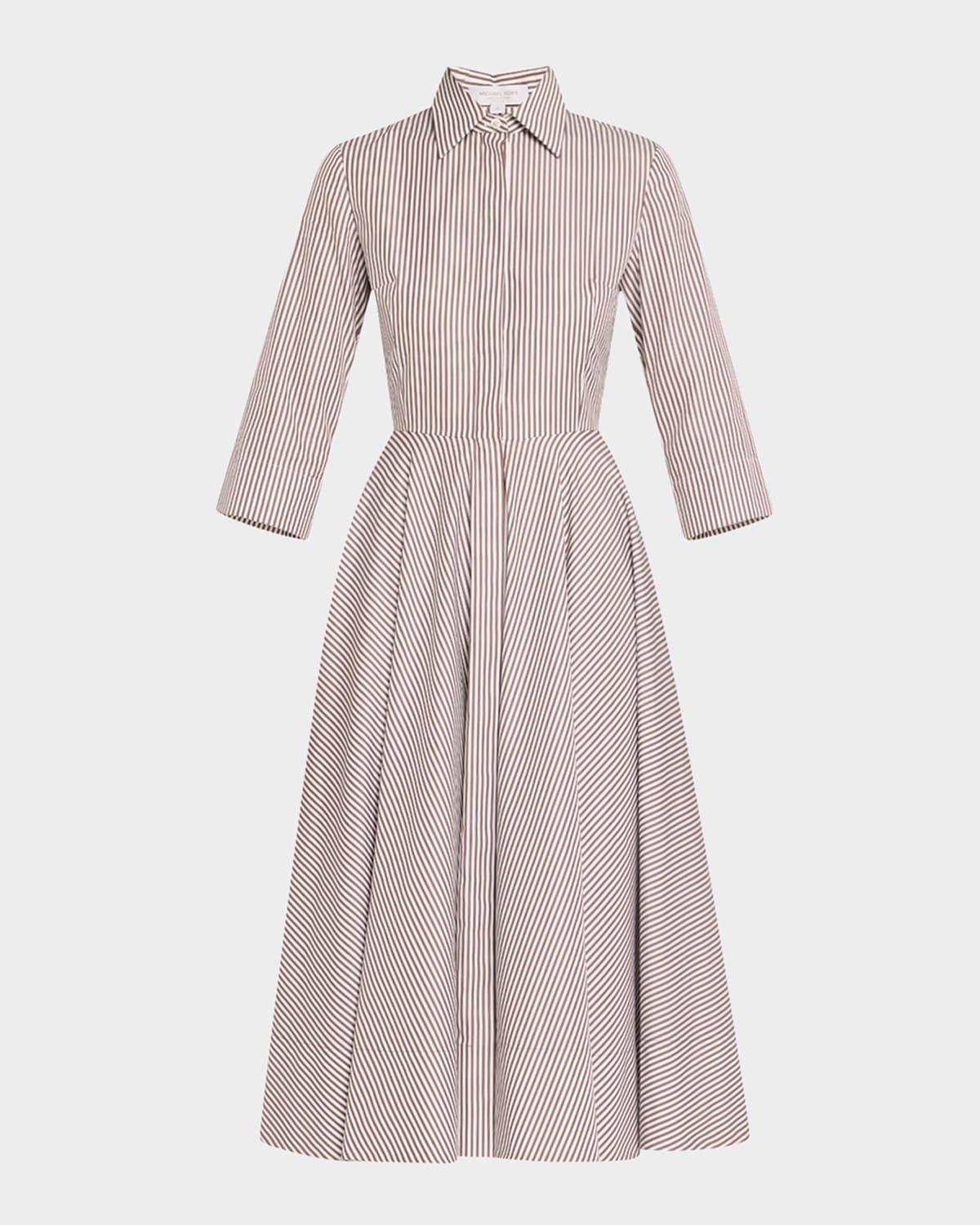 3/4-sleeve striped midi shirtdress with belt