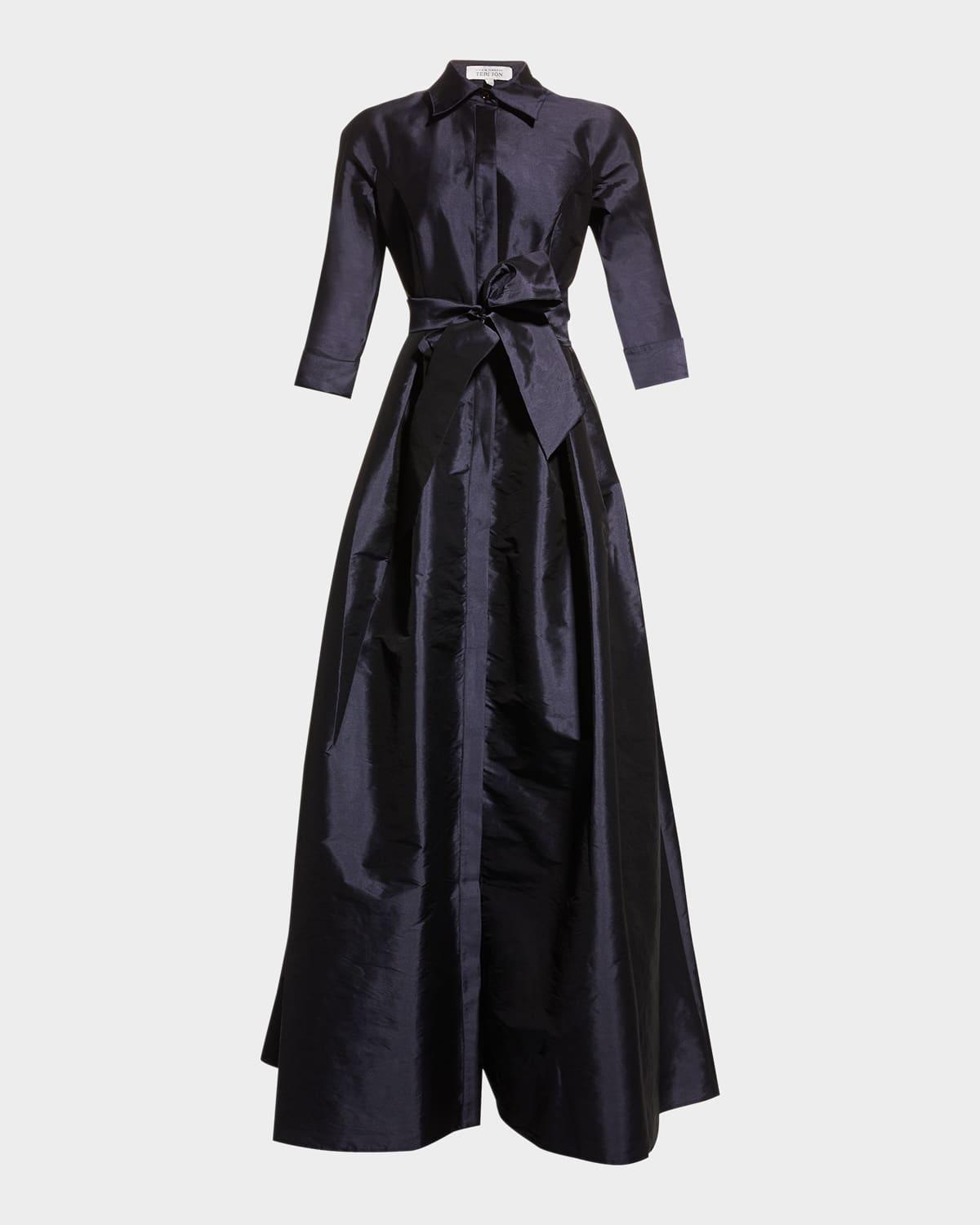 3/4-sleeve taffeta shirtdress gown