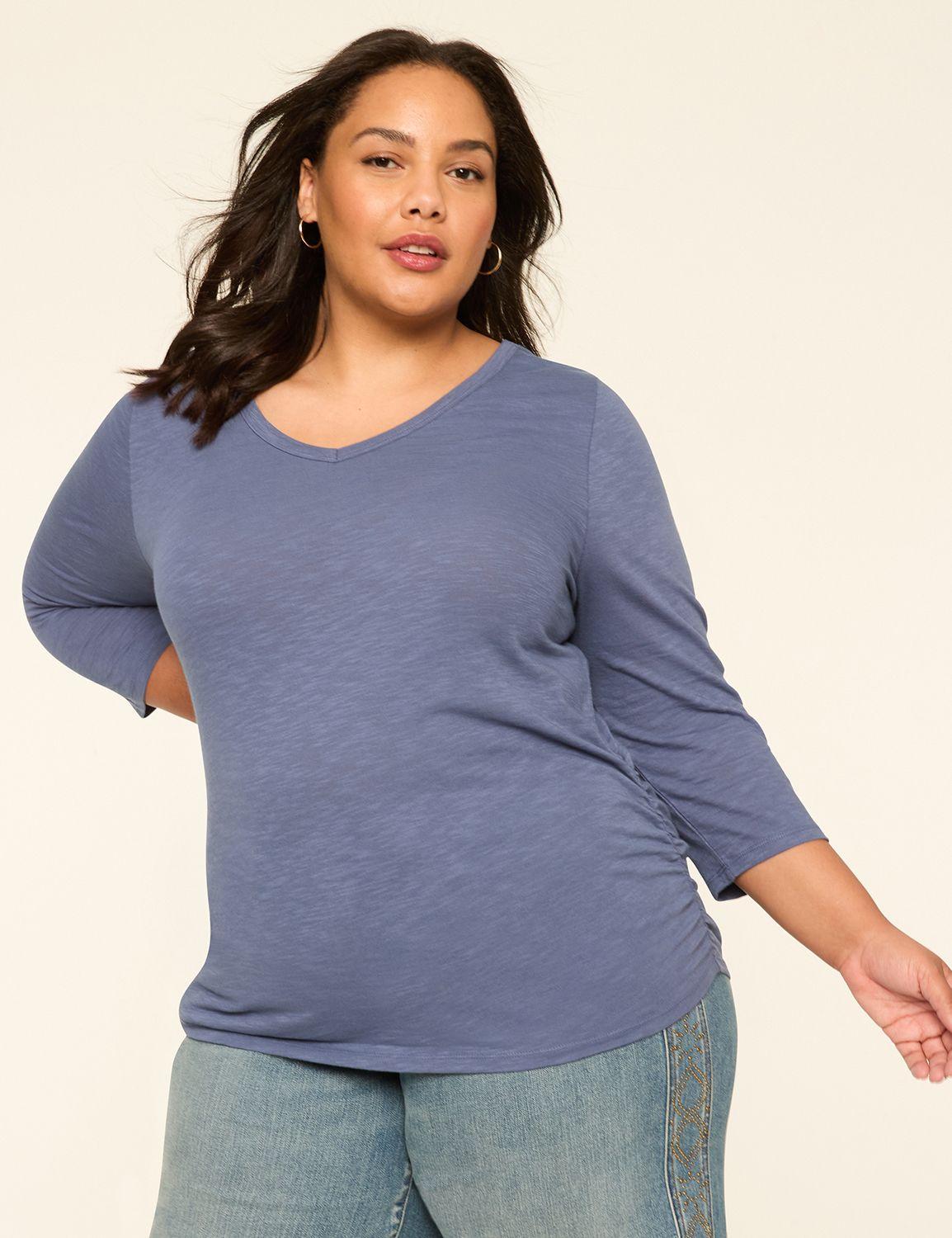 3/4-sleeve v-neck side-ruched tee