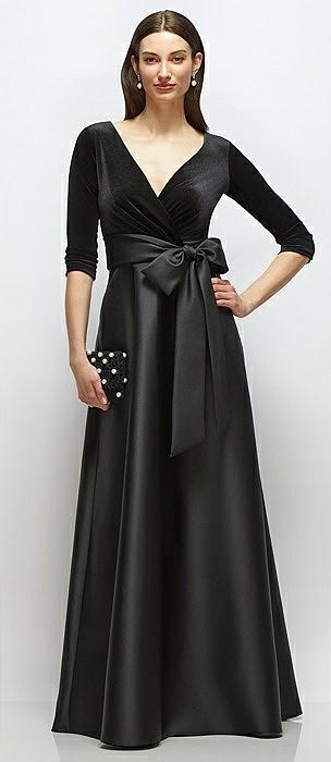 3/4 sleeve wrap bodice full skirt black velvet and satin dress with sash