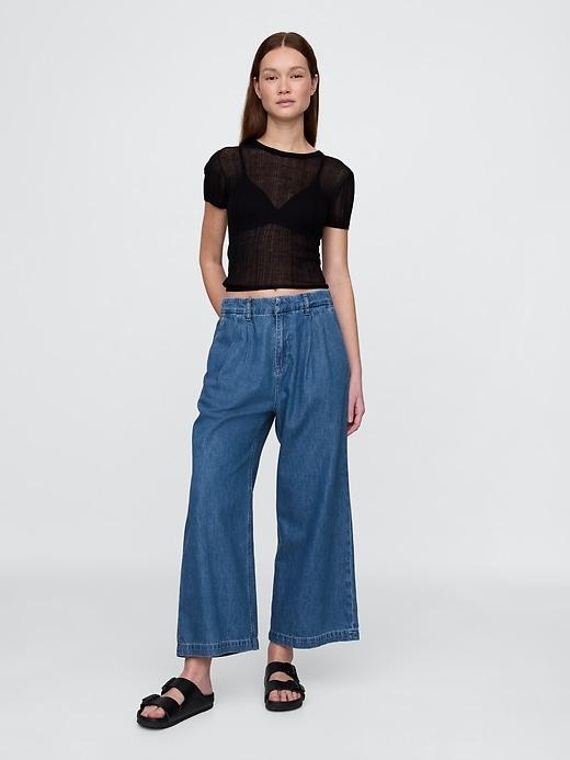 365 high rise ultrasoft denim pleated ankle trousers