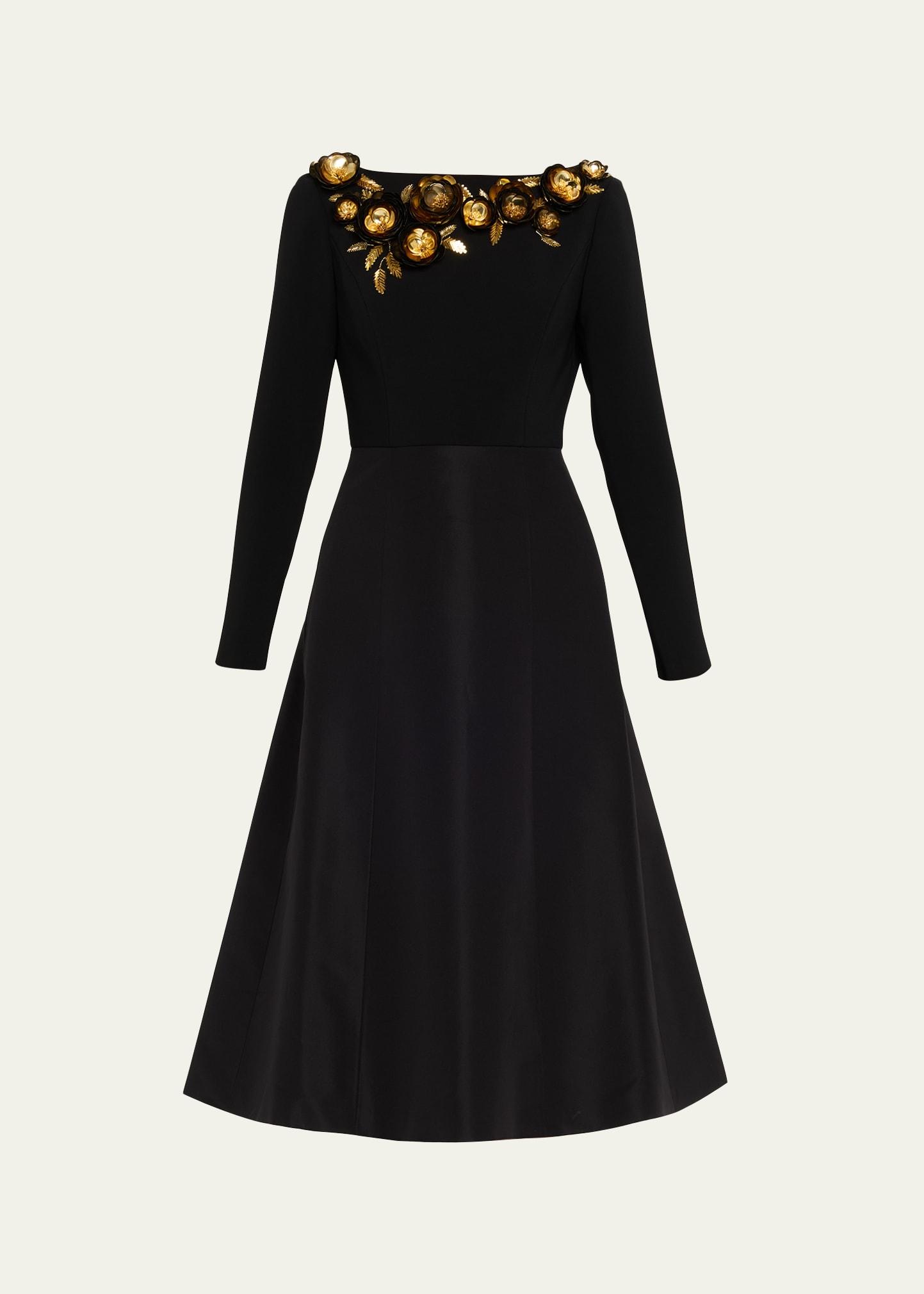 3d floral embellished long-sleeve midi dress