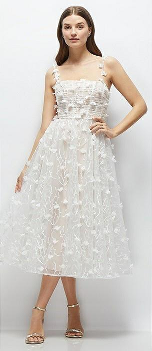3d floral embroidered little white midi dress with nude corset underlay