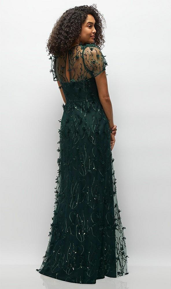 3d floral embroidered puff sleeve a-line maxi dress with petal-adorned illusion neckline