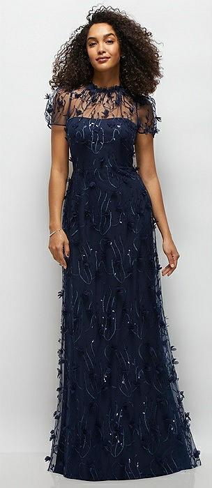 3d floral embroidered puff sleeve a-line maxi dress with petal-adorned illusion neckline
