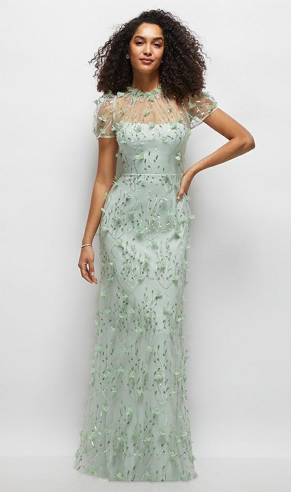 3d floral embroidered puff sleeve a-line maxi dress with petal-adorned illusion neckline