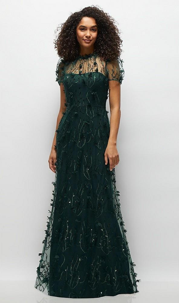 3d floral embroidered puff sleeve a-line maxi dress with petal-adorned illusion neckline