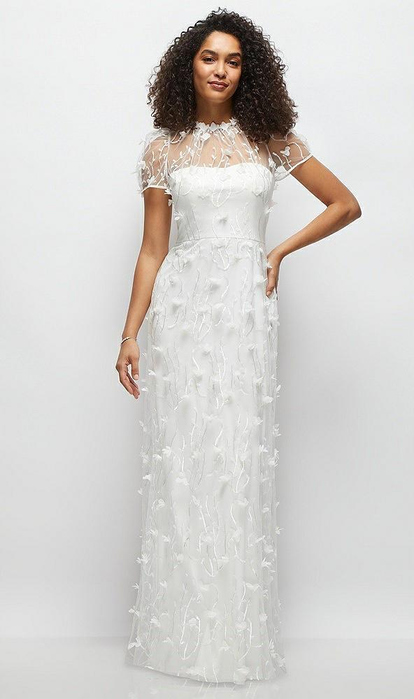 3d floral embroidered puff sleeve a-line maxi dress with petal-adorned illusion neckline