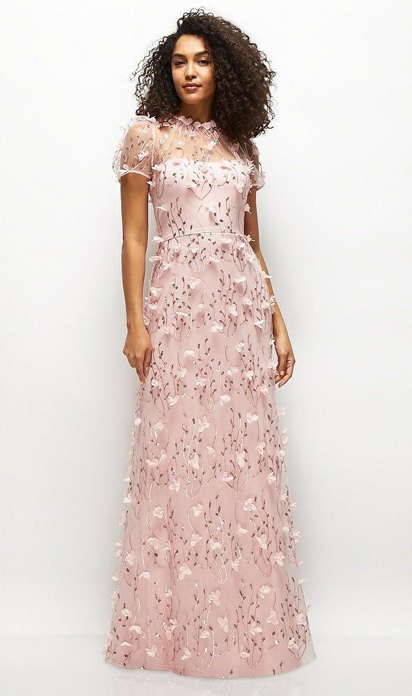 3d floral embroidered puff sleeve a-line maxi dress with petal-adorned illusion neckline