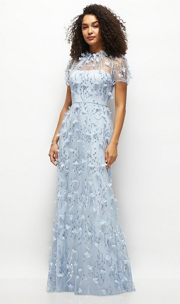 3d floral embroidered puff sleeve a-line maxi dress with petal-adorned illusion neckline