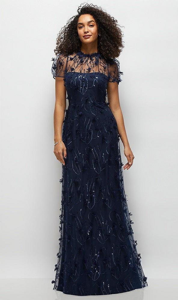 3d floral embroidered puff sleeve a-line maxi dress with petal-adorned illusion neckline
