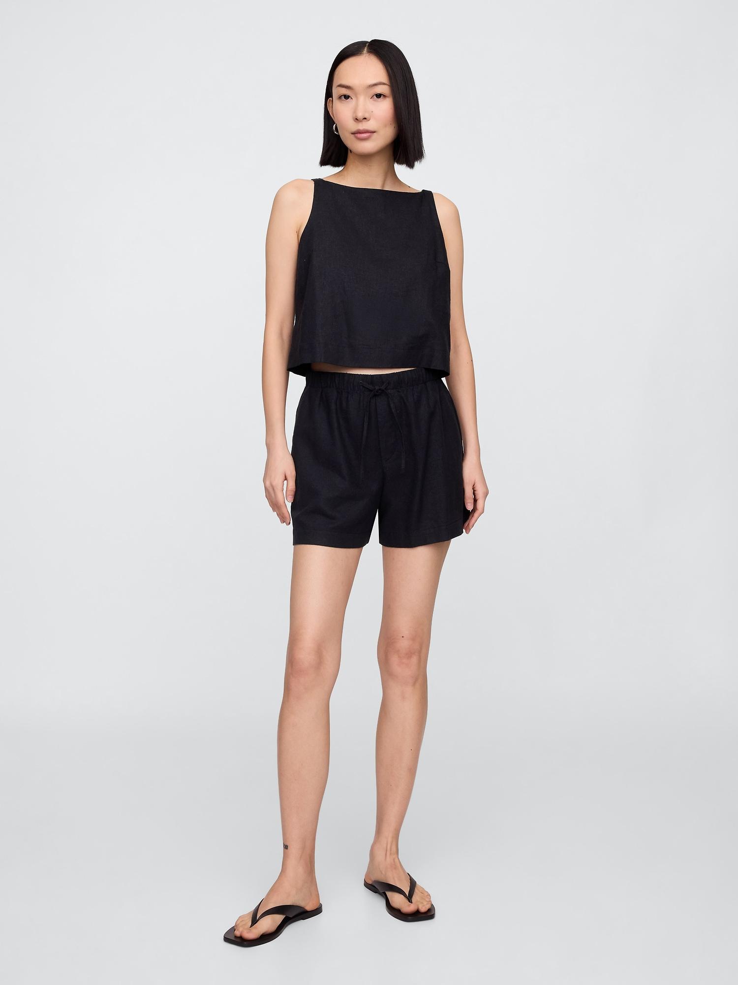 4" mid rise easy pull-on linen-blend shorts