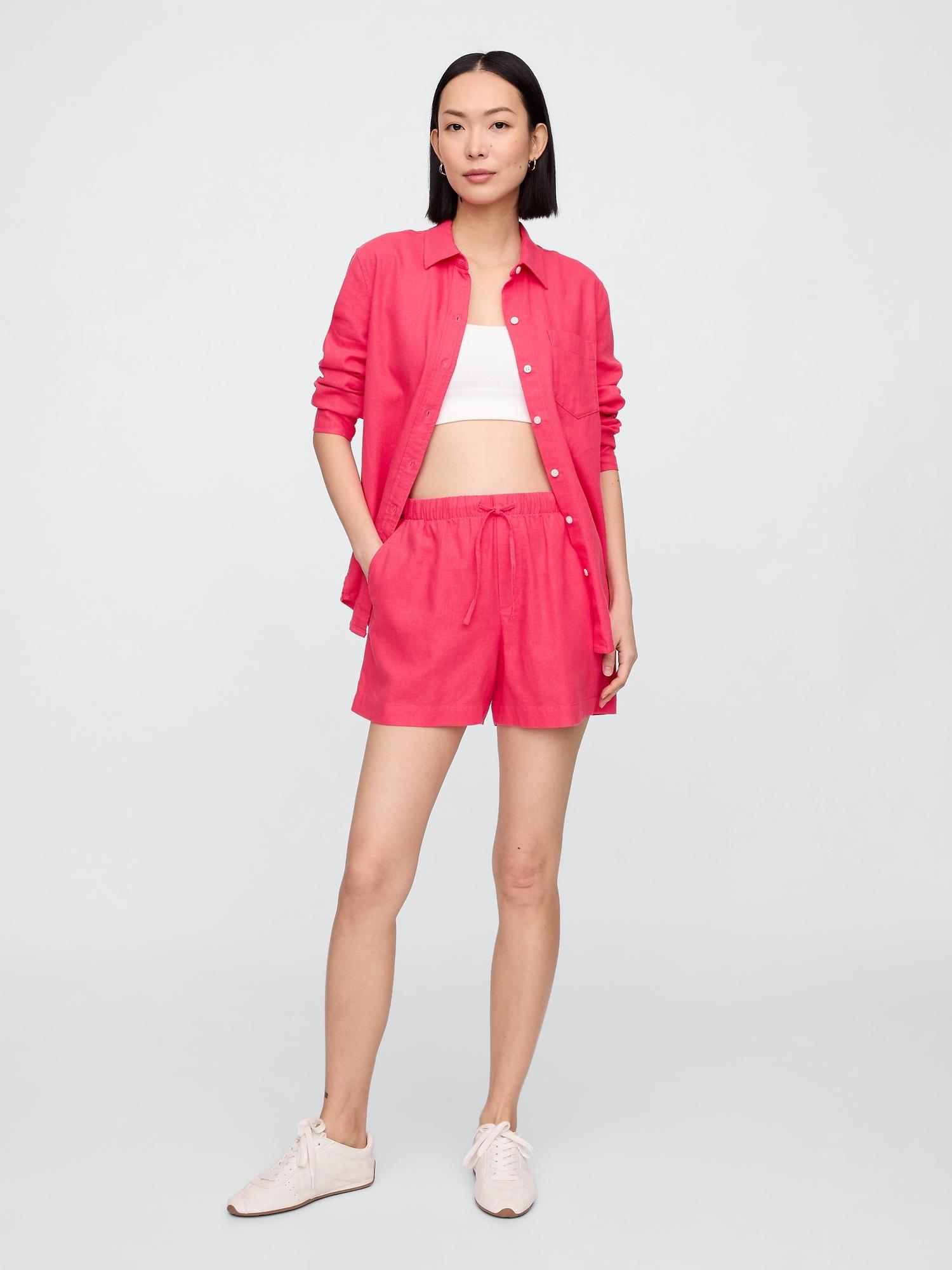 4" mid rise easy pull-on linen-blend shorts