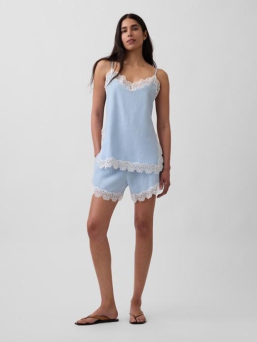 4" mid rise linen-blend lace-trim shorts