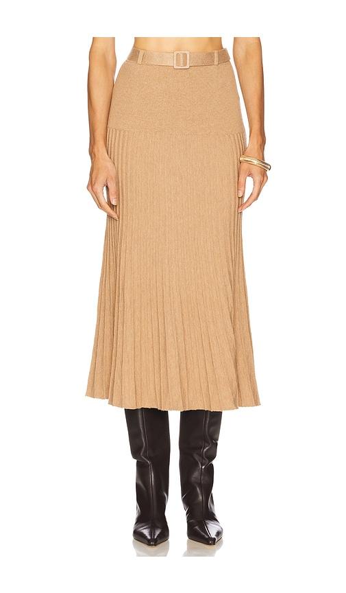 525 america rory pleated midi skirt in tan.