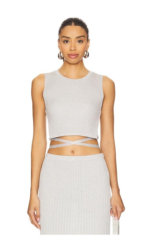 525 america stevie cropped lurex tie tank in metallic silver.