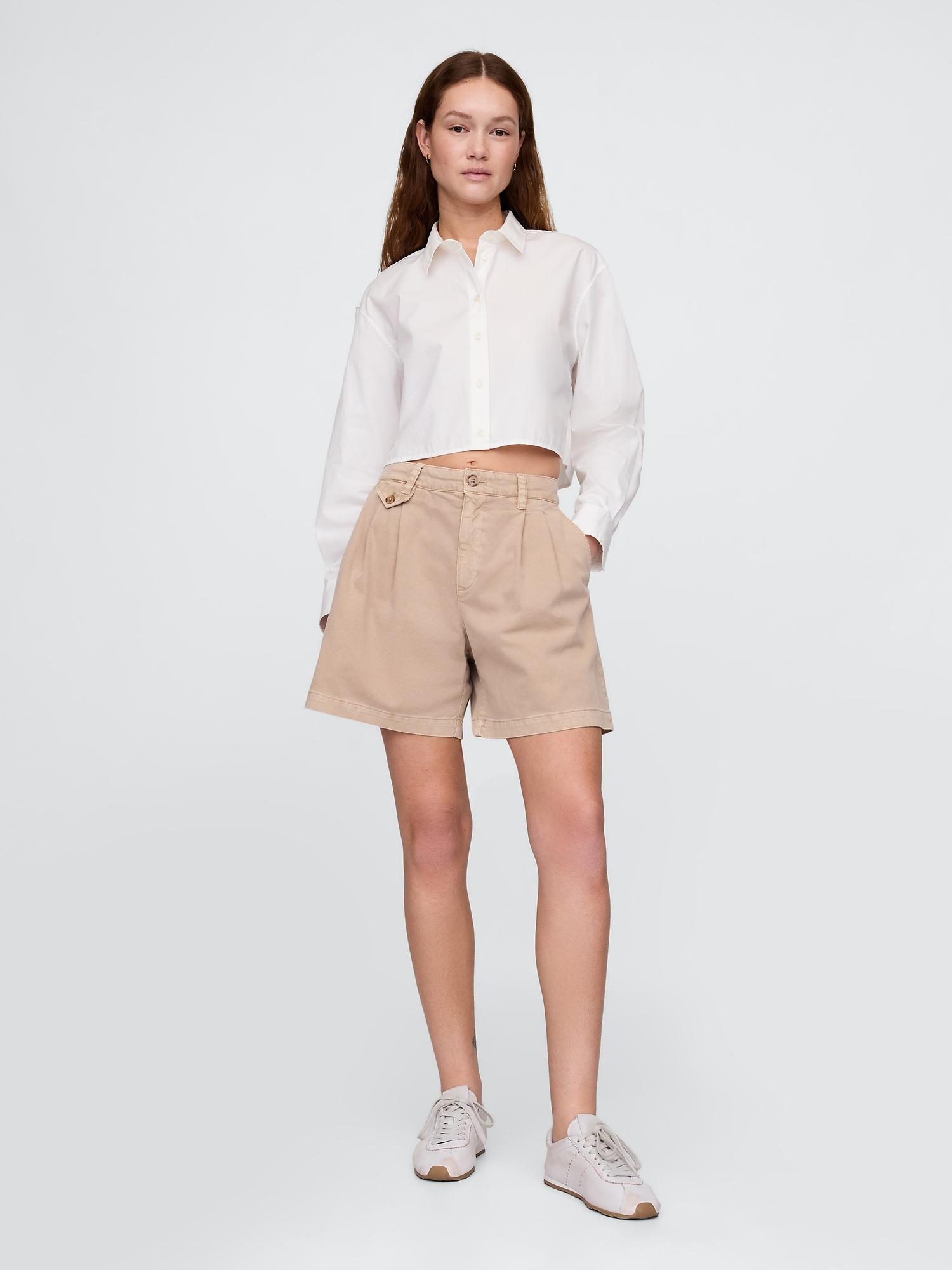 6" mid rise twill pleated trouser shorts