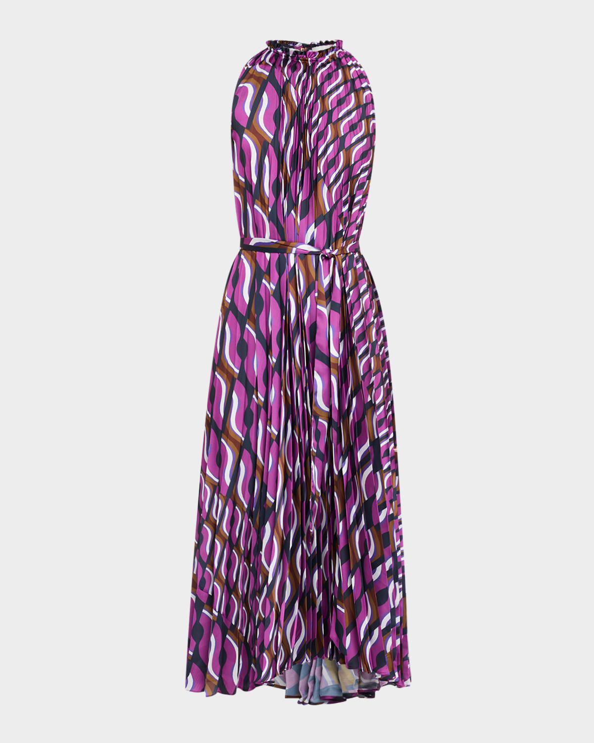 70s block-print sleeveless pleated midi dress