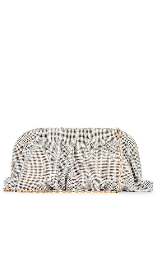 8 other reasons rhinestone clutch in metallic silver.