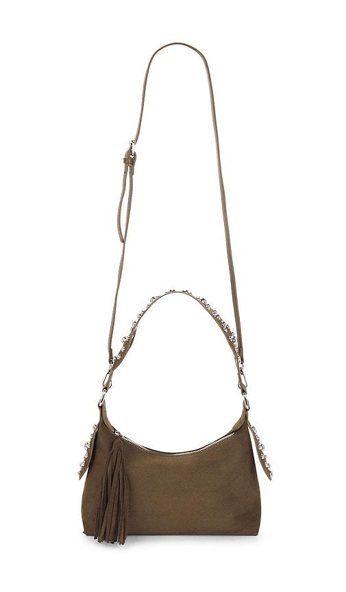 8 other reasons studded fringe shoulder bag in olive.