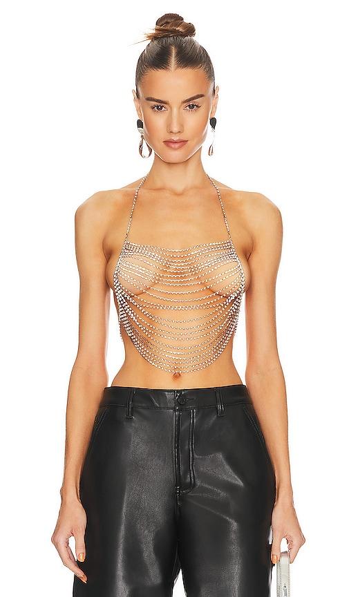 8 other reasons x revolve chain halter top in metallic silver.