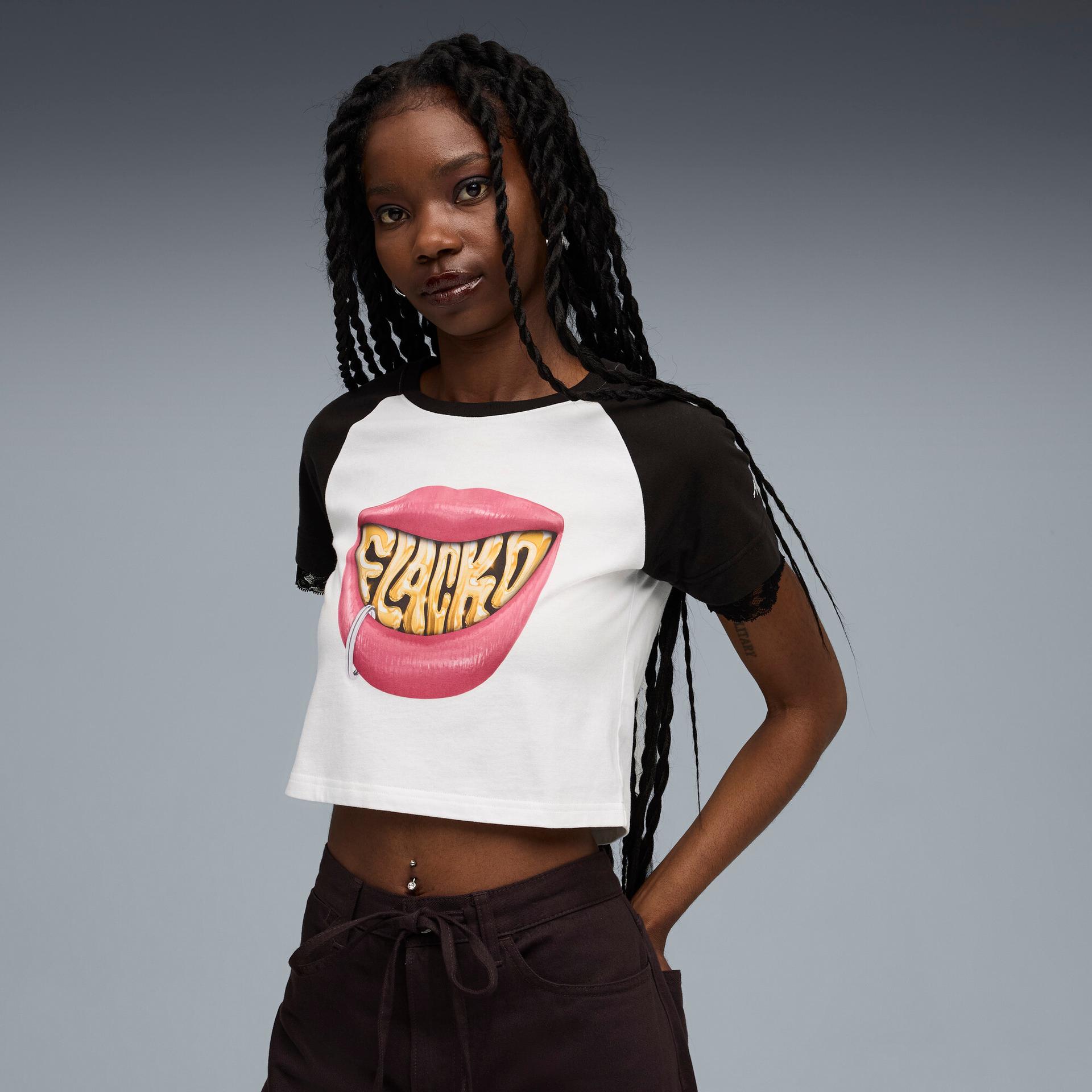 a$ap rocky x puma women's flacko smile baby t-shirt in white, size l