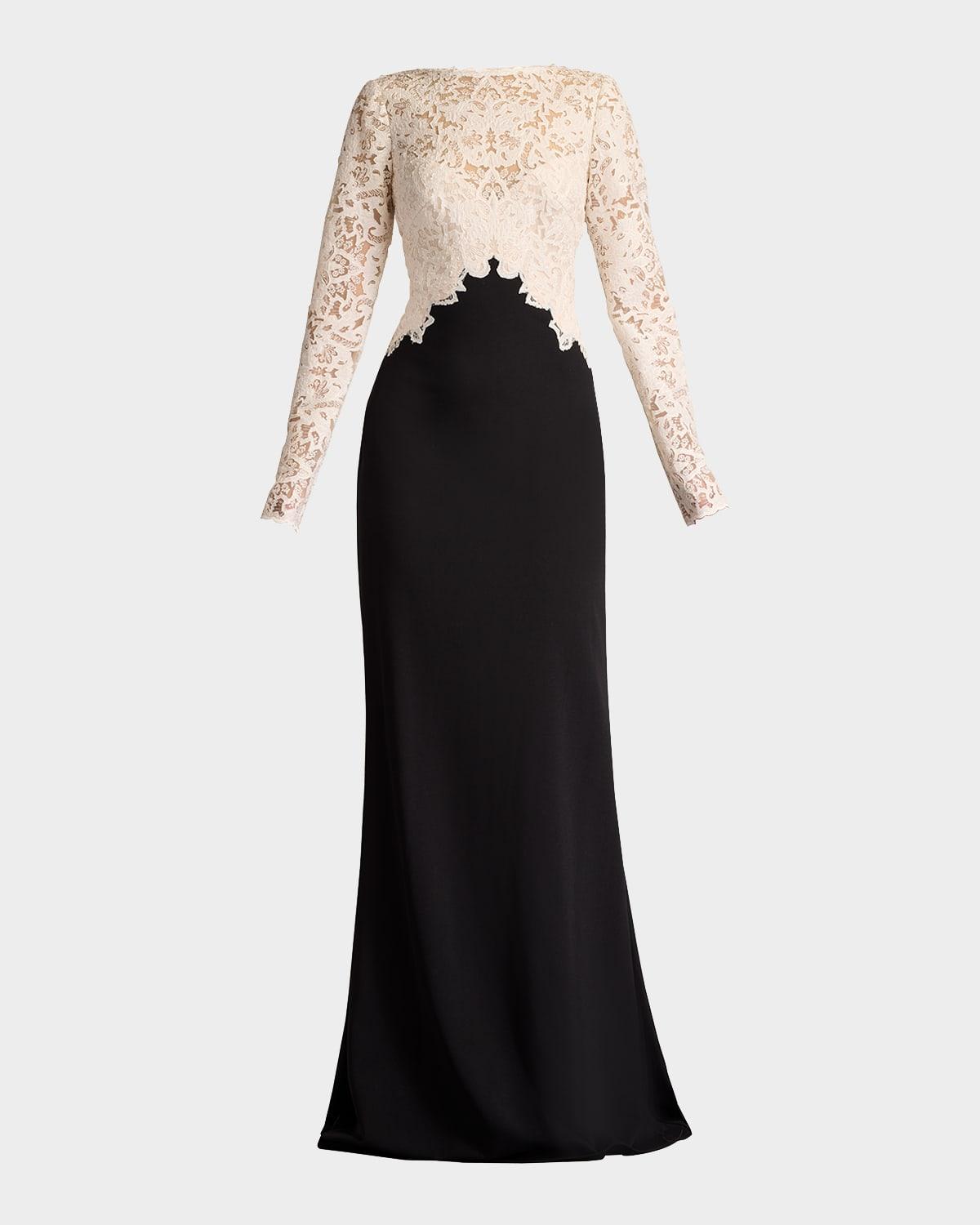a-line crepe & sequin lace gown