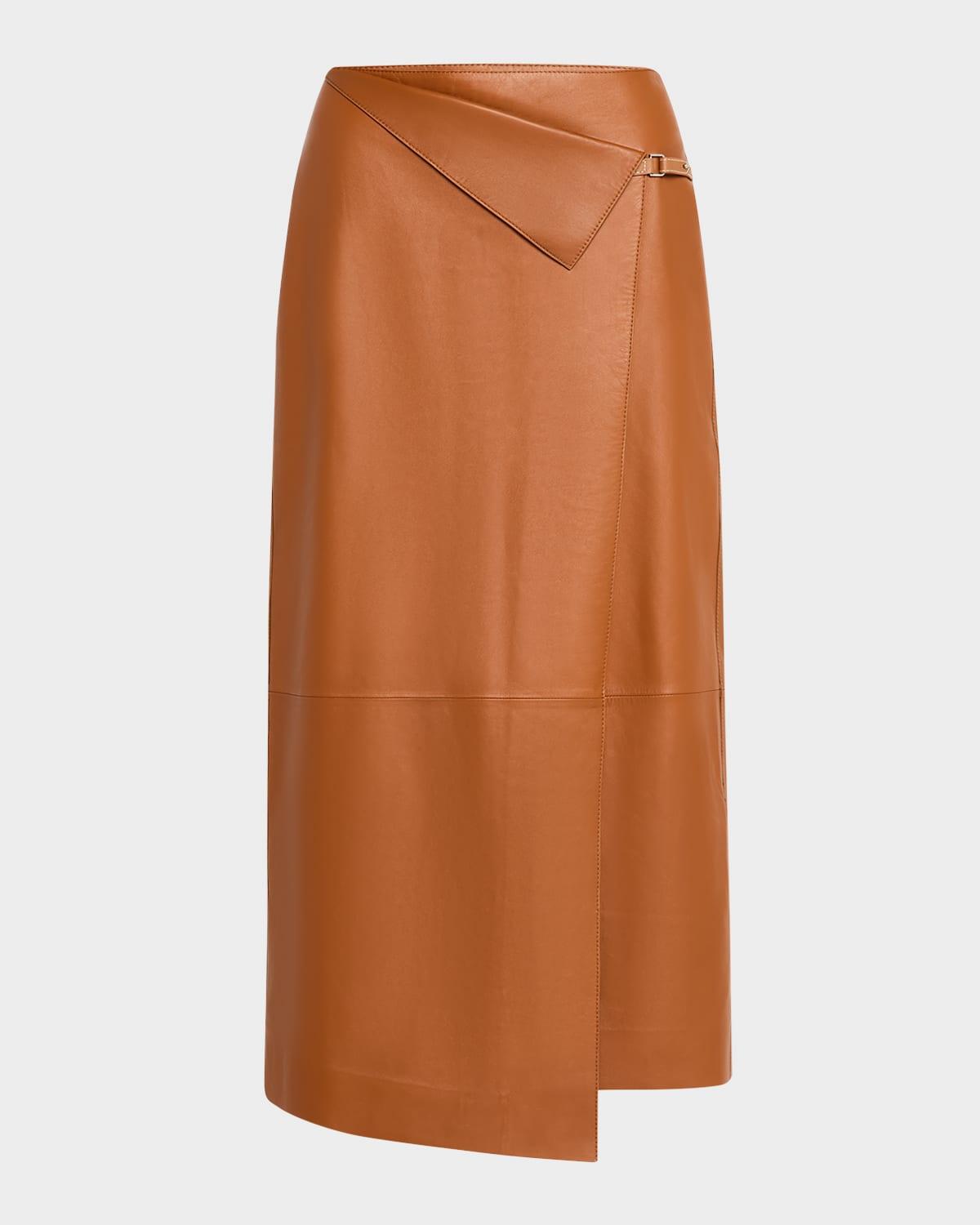 a-line faux wrap leather midi skirt