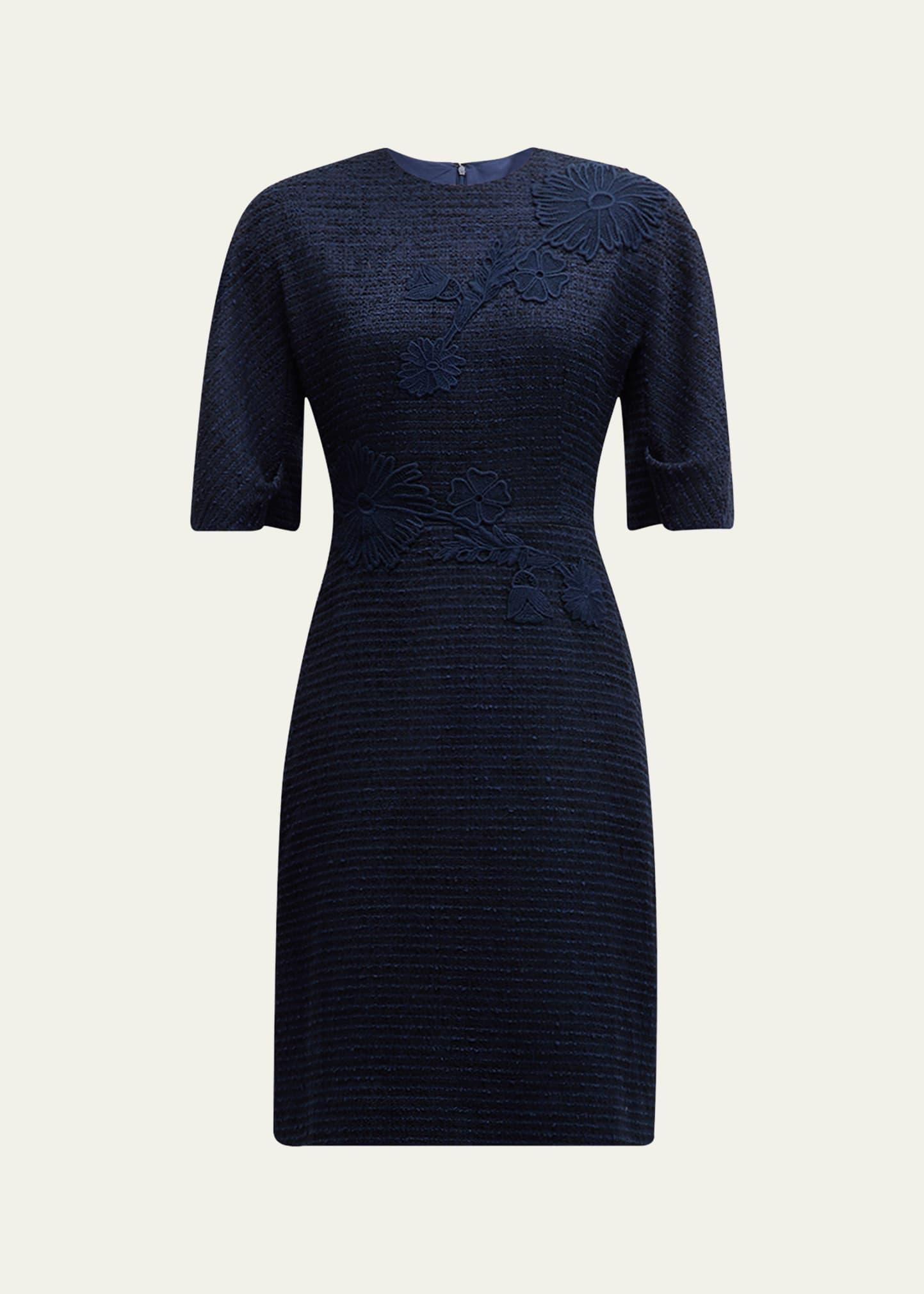 a-line floral applique boucle dress