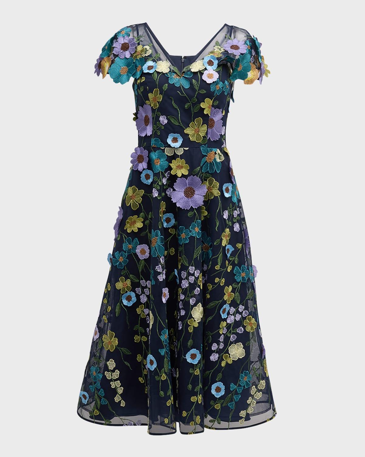 a-line floral-embroidered tulle midi dress