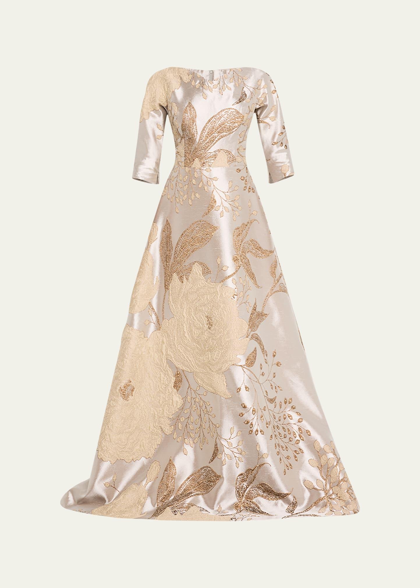 a-line metallic jacquard gown