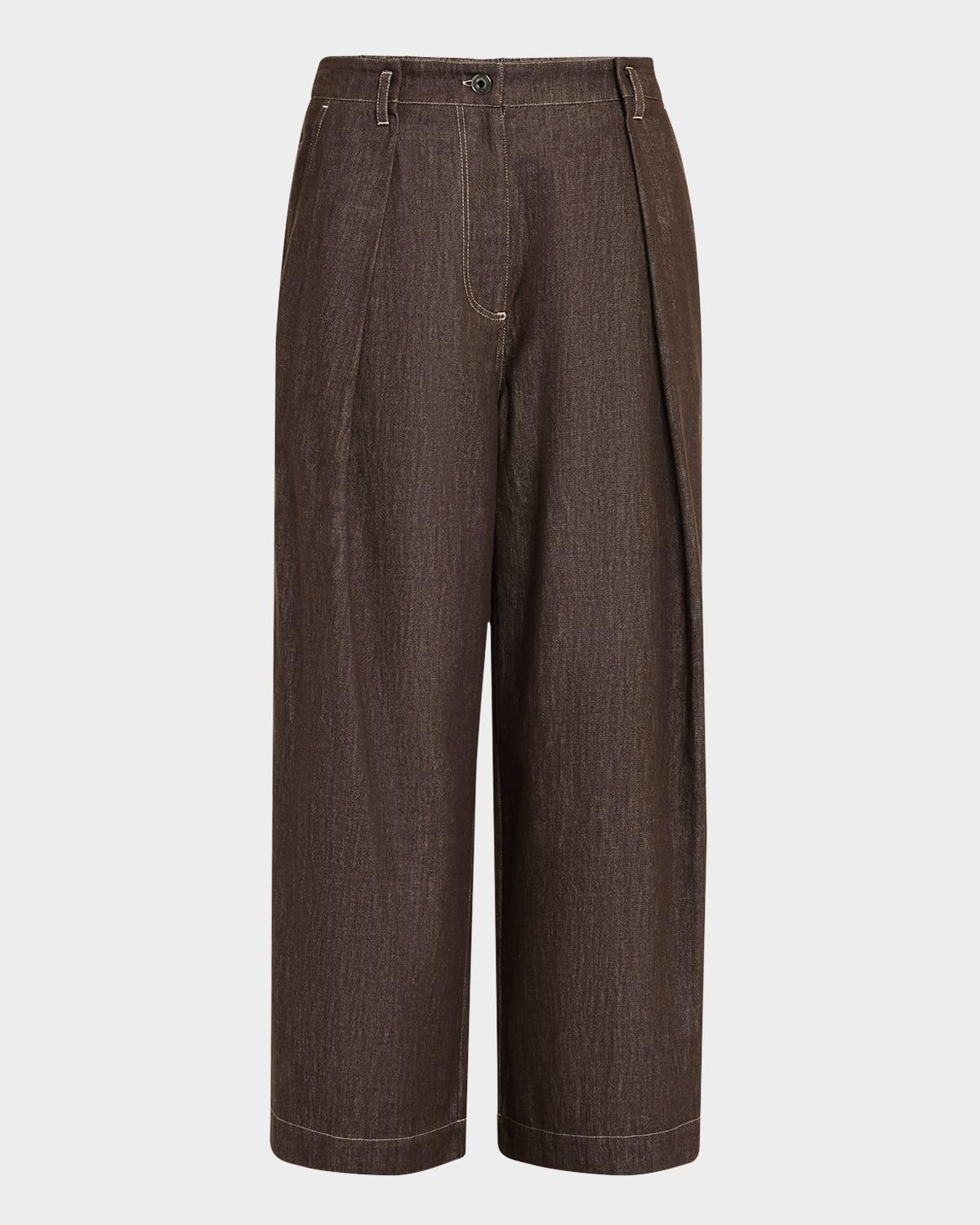 a-line pleated wide leg cropped denim pants