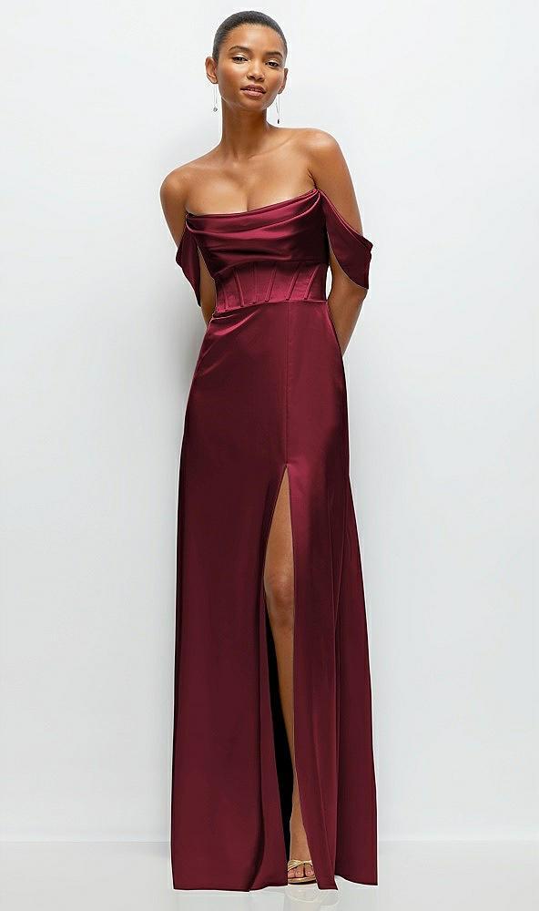a-line satin maxi dress with convertible off-the-shoulder or strapless looks