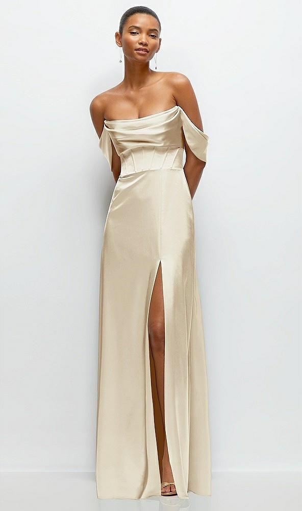 a-line satin maxi dress with convertible off-the-shoulder or strapless looks