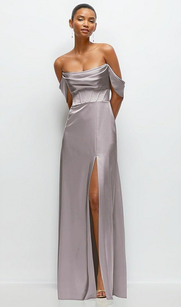 a-line satin maxi dress with convertible off-the-shoulder or strapless looks