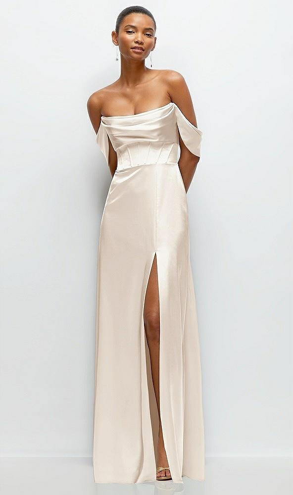 a-line satin maxi dress with convertible off-the-shoulder or strapless looks