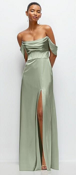 a-line satin maxi dress with convertible off-the-shoulder or strapless looks