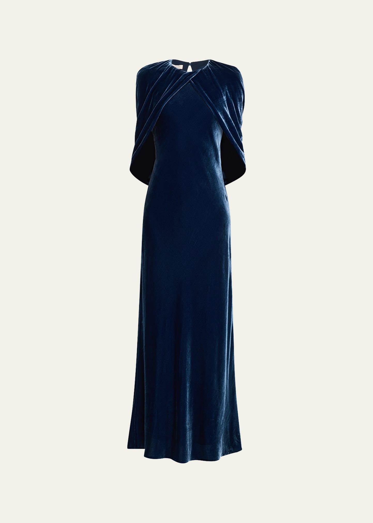 a-line velvet shawl gown
