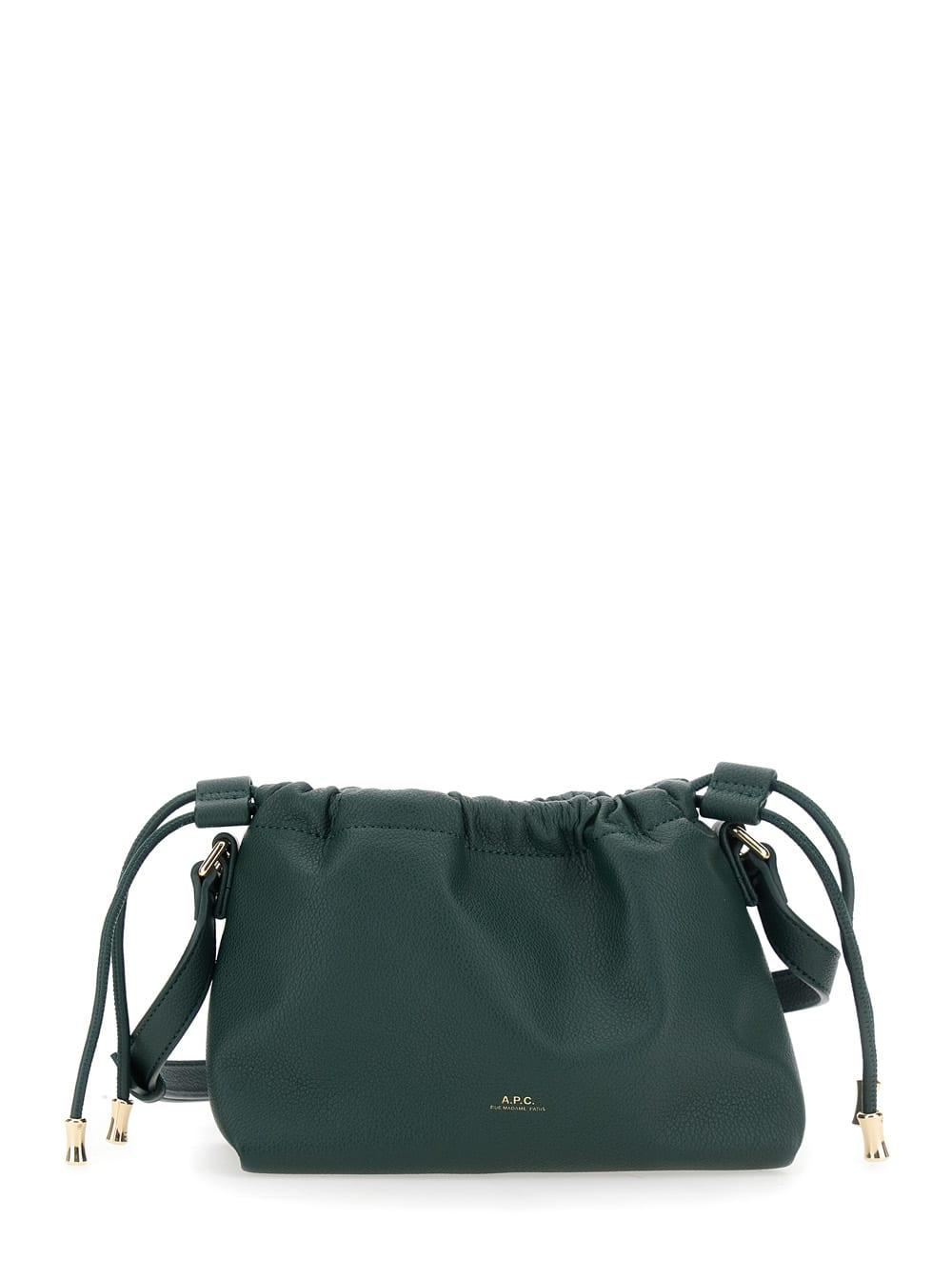 a. p.c. ninon mini green crossbody bag with drawstring closure and embossed logo lettering on the front in ecoleather woman