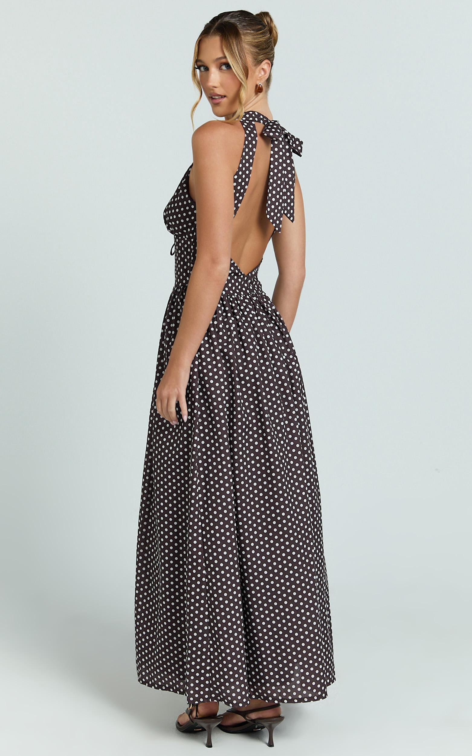 abby midi dress - sleeveless v-neckline dress in chocolate polkadot
